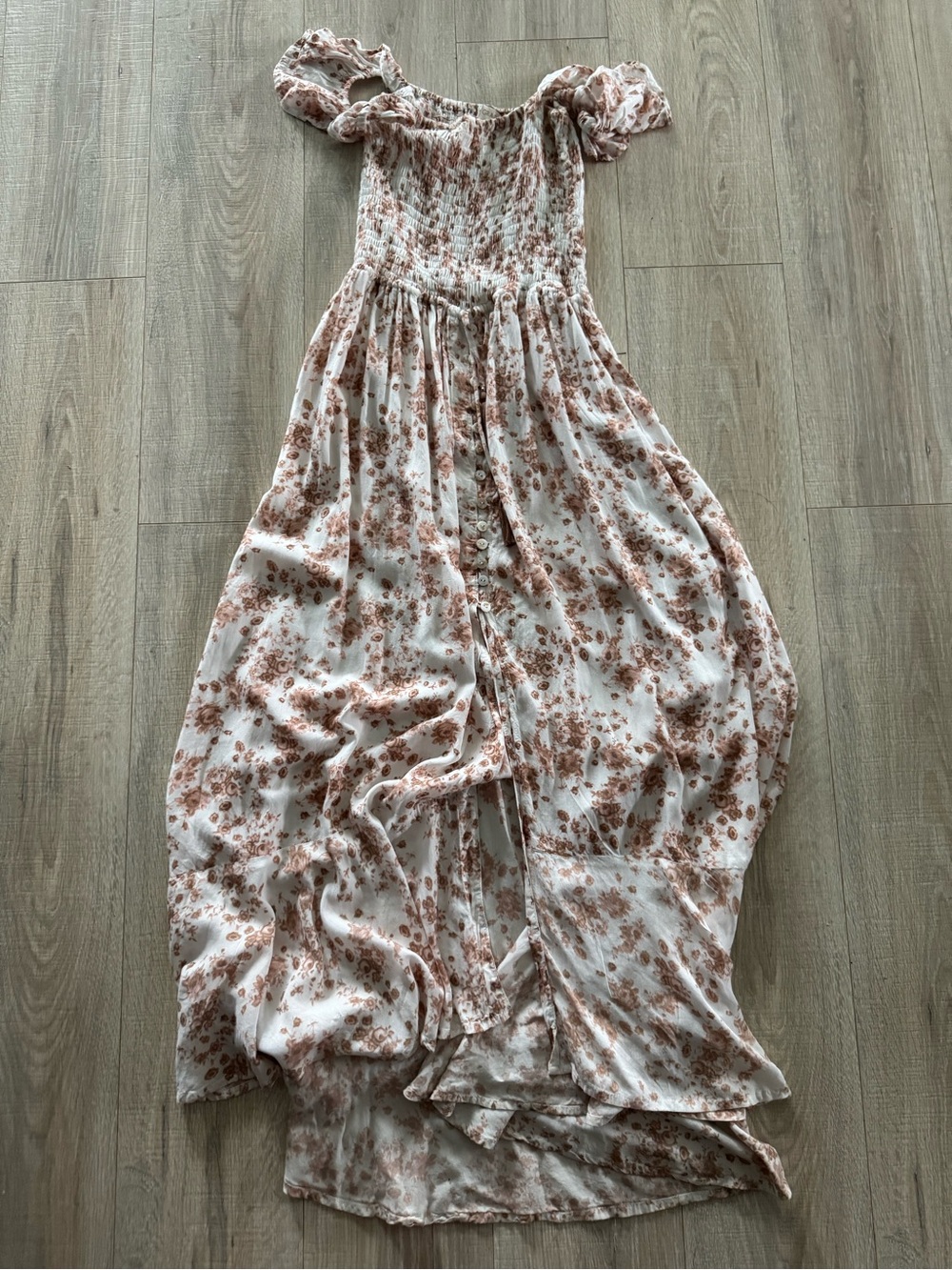 Salt + Grace OS Smocked Off-Shoulder Maxi Dress in Cream with Blush Floral Print